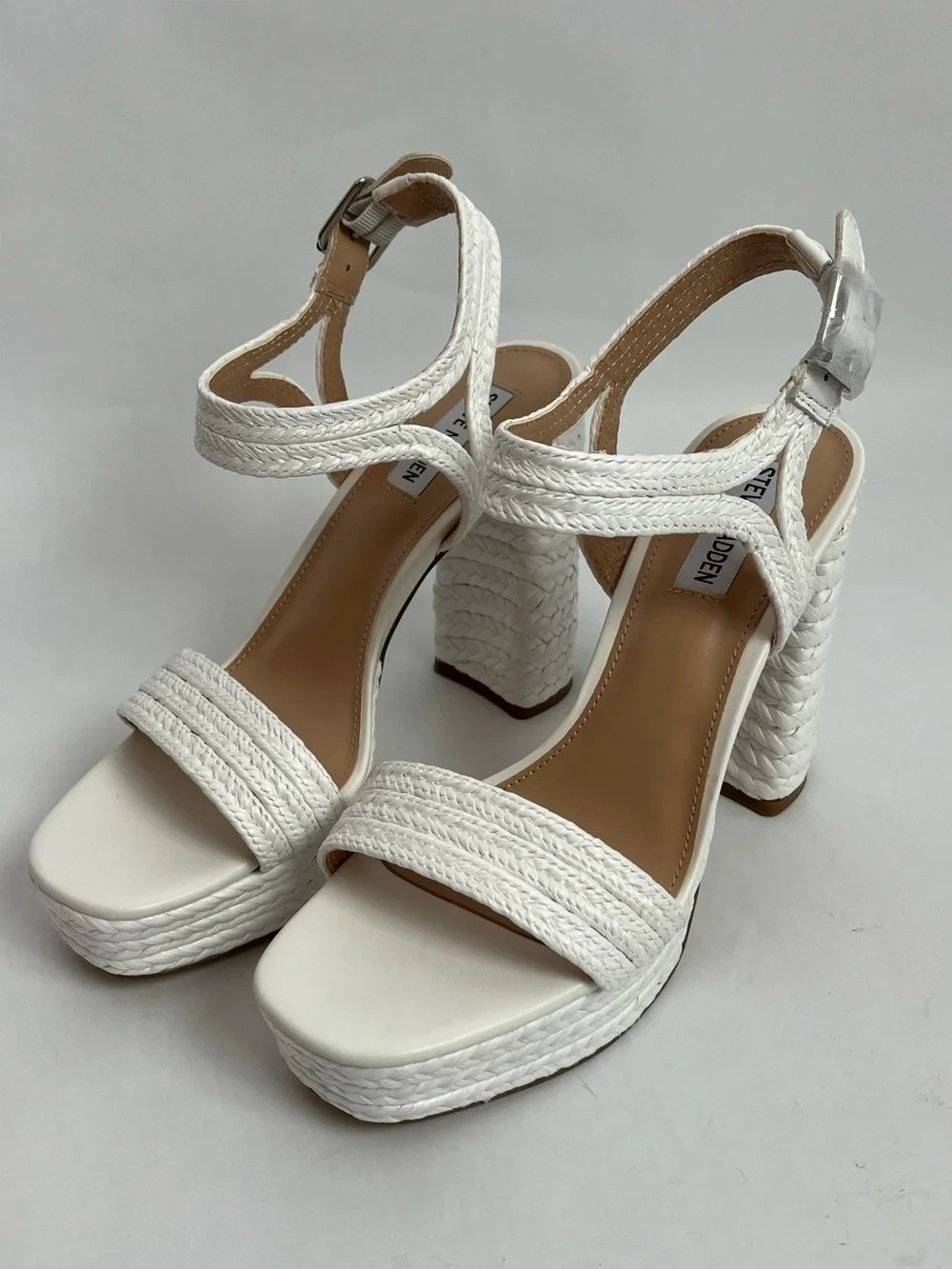 Steve Madden Lombardo White Braided Jute Platform Block Heel Sandals